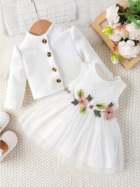 Brand new beautiful White Floral Embroidered Tulle Dress with Knit Jacket
